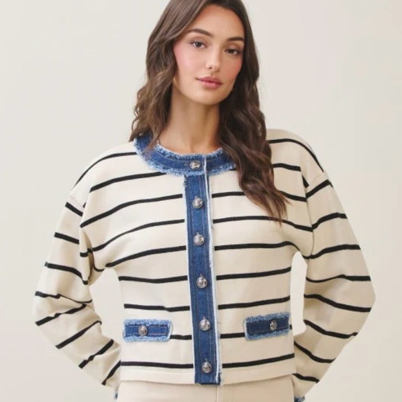 Sandro Jackets & Blazers - Sandro Cream Jacket with Black Stripes and Denim Trim